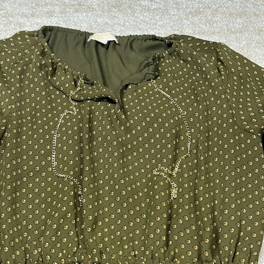 Michael Kors Dress Womens 12 Olive Green Long Sleeve Printed Tassel Tie Boho